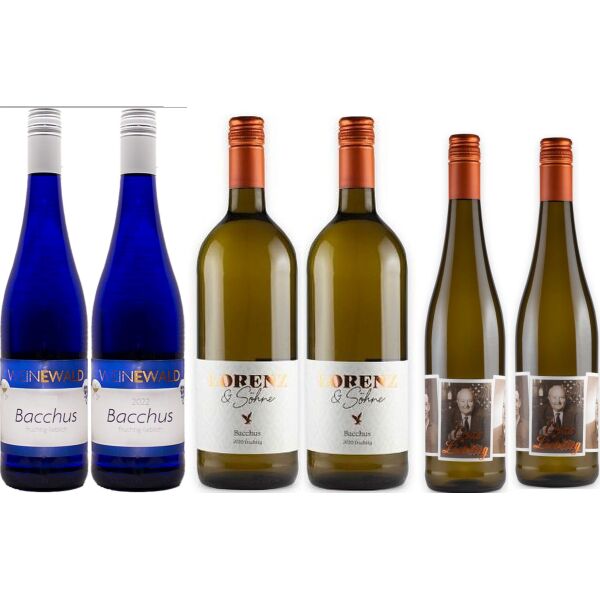 2 blaue Weinflaschen, 2 braune Weinflaschen, 2 grüne Weinflaschen, jeweils mit Drehverschluss