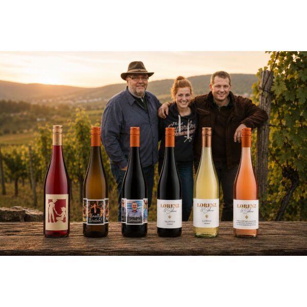 Werner, Johanna und Ulrich Lorenz im Weinberg vor einem Holztisch mit einer Auswahl ihrer Weine