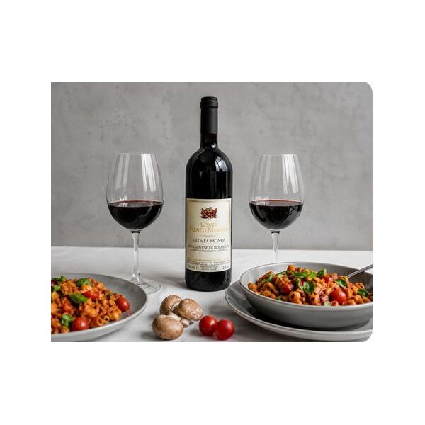 Sangiovese Rotwein mit Hörnle mit veganer Curry-Hackfleischsauce
