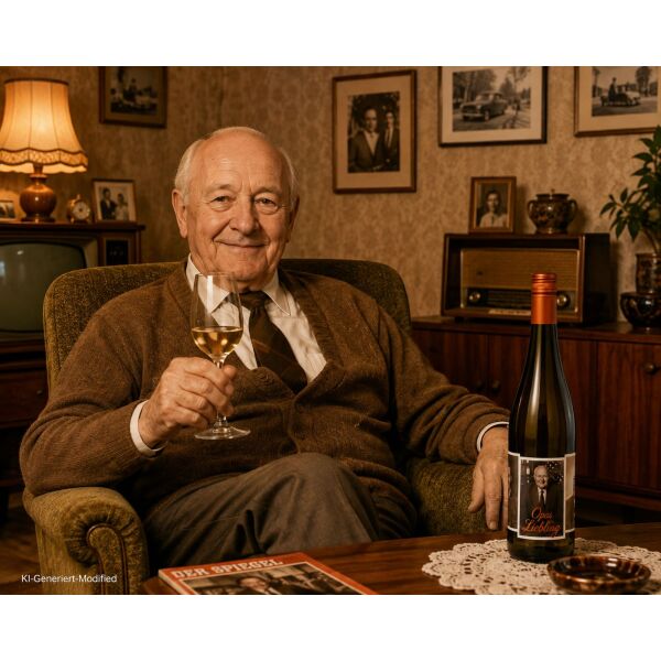 Opa im Wohnzimmer mit einem Glas Weißwein