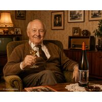 Opa im Wohnzimmer mit einem Glas Weißwein