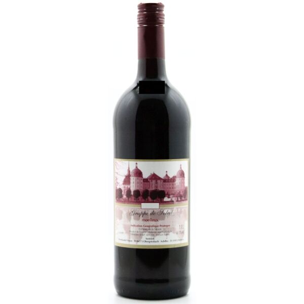 grüne Weinflasche, rötliches Etikett mit Moritzburg, Bordeauxform, Drehverschluss