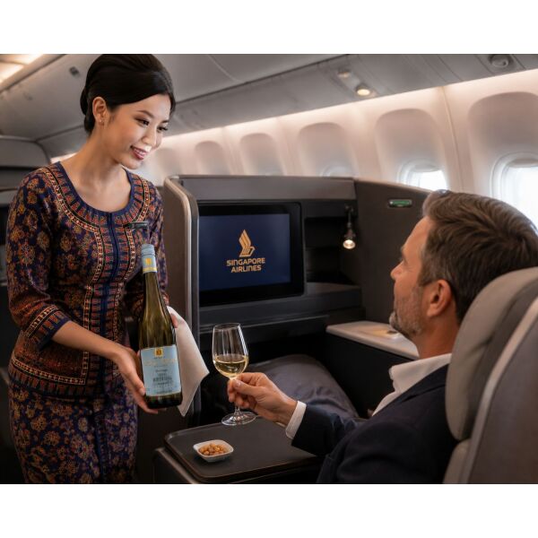 VDP. Gutswein Riesling trocken 2023 wird von einer Stewardess in der Business-Class der Singapore Airlines serviert