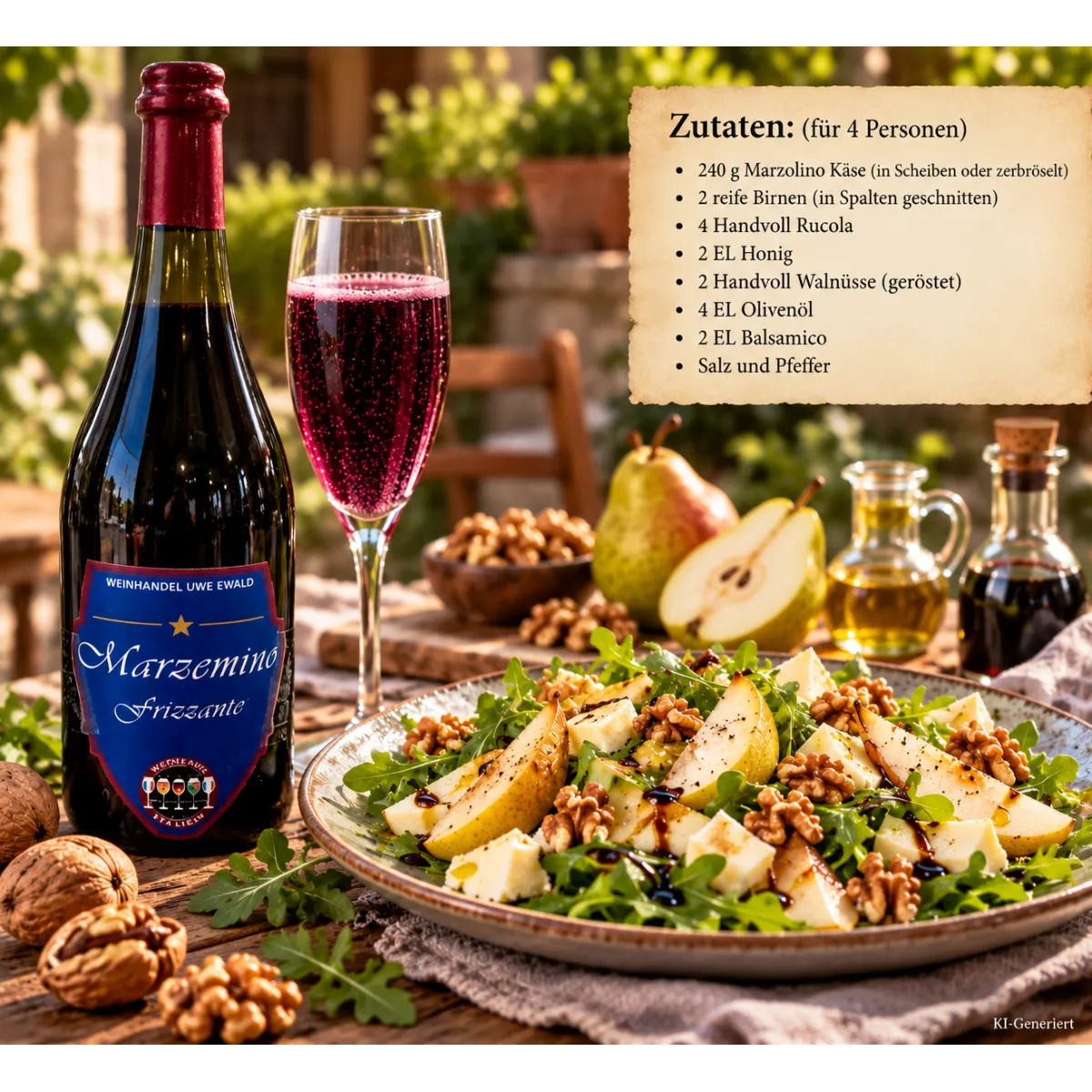 Marzemino Vino Frizzante mit Rezept La dolce vita, Ziegenkäse-Salat mit Birne und Walnüssen