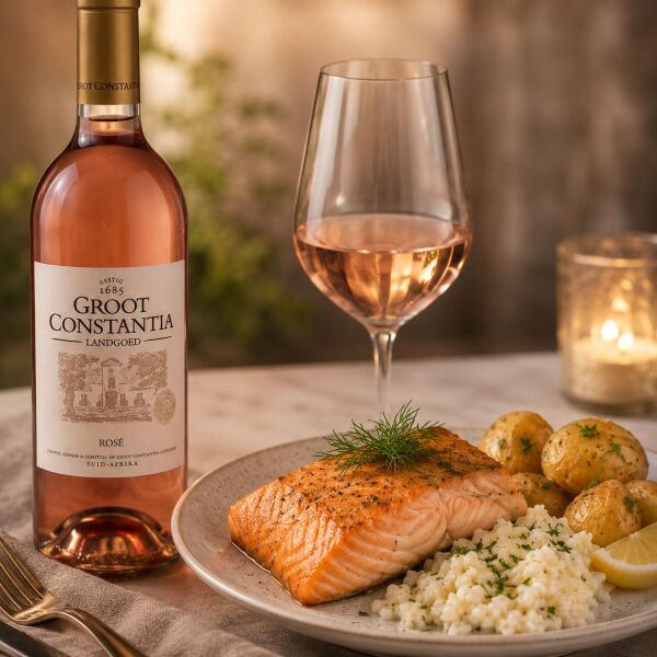 Groot Constantia Rosé mit Weinglas neben einem Lachsfilet mit Reis