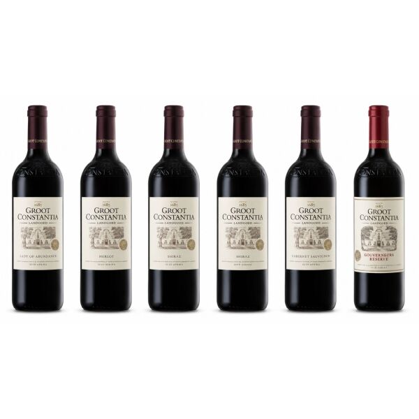 Produktabbildung Groot Constantia sechs dunkle Weinflaschen jeweils mit Naturkorken, 0,75 l