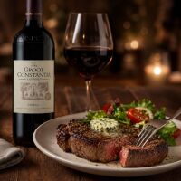 Eine Flasche Groot Constantia mit Rumpsteak und...