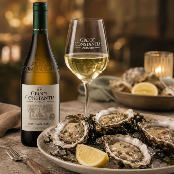 Groot Constantia Sauvignon Blanc mit halb gefülltem Weißweinglas sowie einem Teller Austern und Zitrone