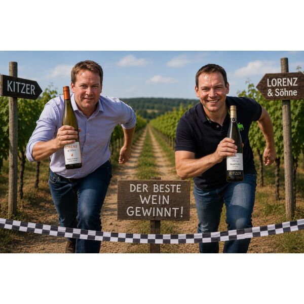 Die Winzer Ulrich Lorenz und Tobias Kitzer laufen im Weinberg mit ihren Weinen um die Wette